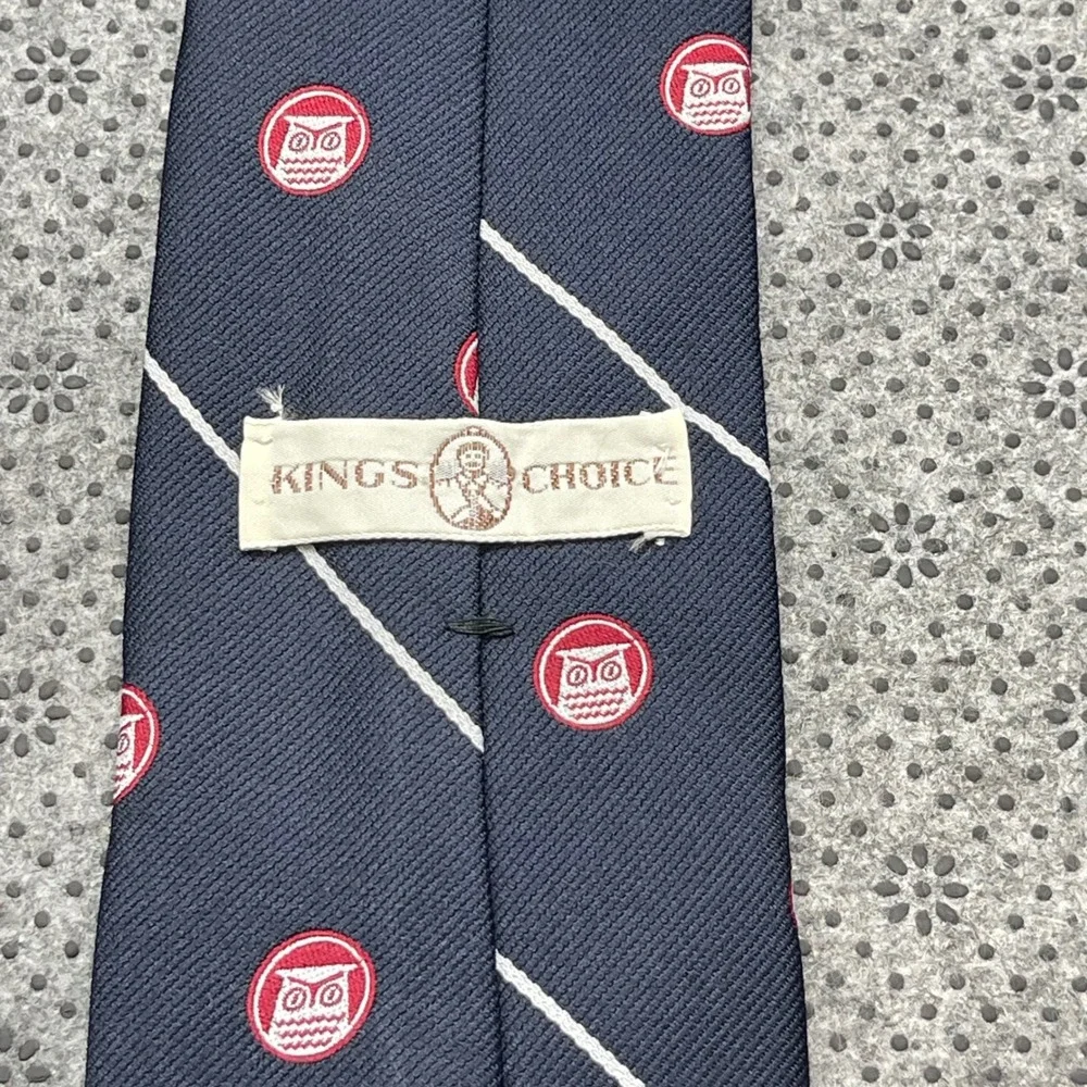 Vintage Kings Choice Mens Navy Blue Striped Owl Crest Silk Blend Tie